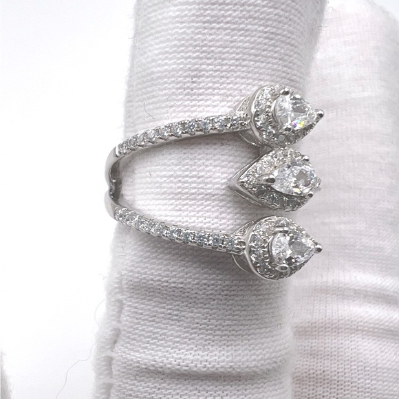 Halo Triple Pear .925 Sterling Silver Wrap Design Cz Ring - Picture 12 of 15